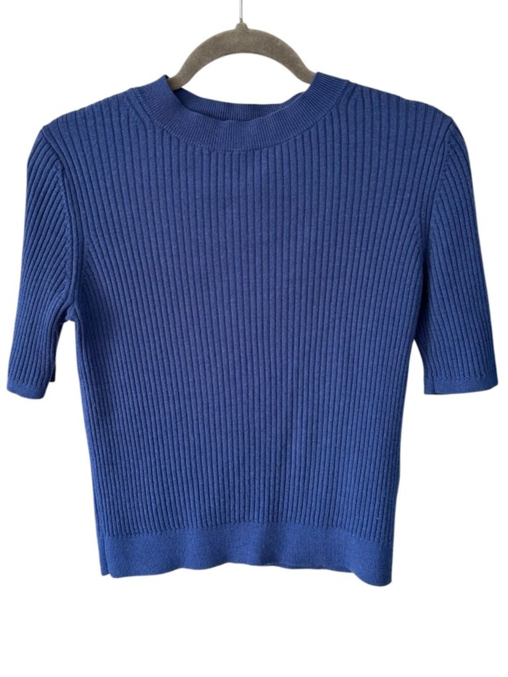 UNIQLO Blue Ribbed 100% Wool Short Sleeve Sweater Size M